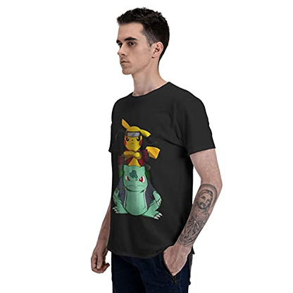 Pikachu Naruto Wallpapers T-Shirt Men's Summer Personality Printed Cotton Shirt Hip Hop Half-Sleeved Round Neck Tee Black